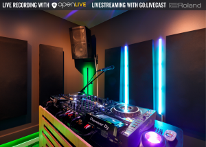 DJ Studio featuring Pioneer CDJs, color changing lights, automated recording, live-streaming capabilities, and microphones.